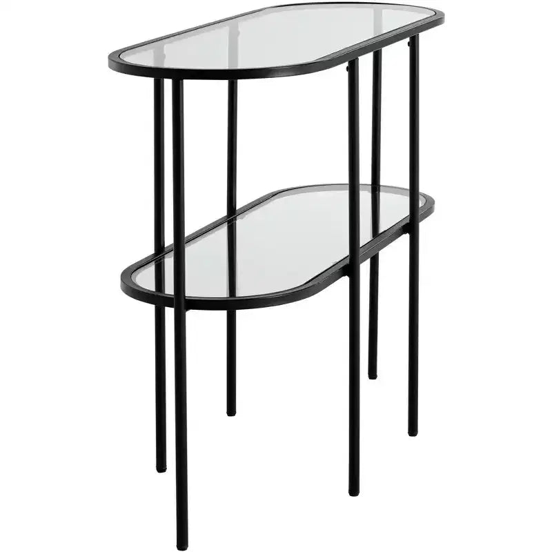 Console ovale moderne à 2 niveaux Remy en métal 40 x 15 avec rangement et plateau en verre transparent noir sablé pour salon