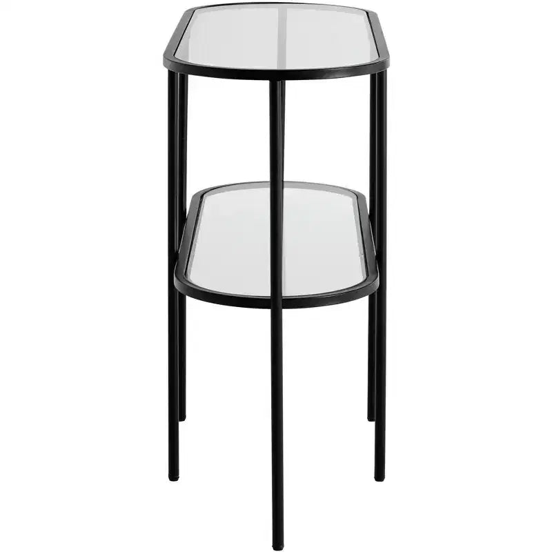 Console ovale moderne à 2 niveaux Remy en métal 40 x 15 avec rangement et plateau en verre transparent noir sablé pour salon