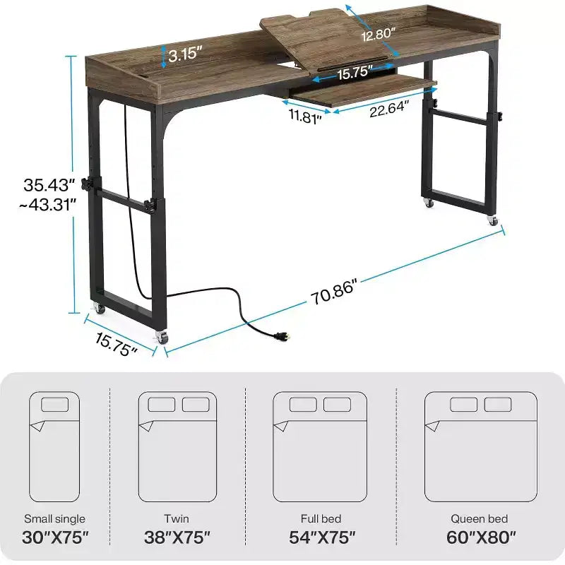 Table de lit réglable en hauteur avec roulettes et plateau inclinable