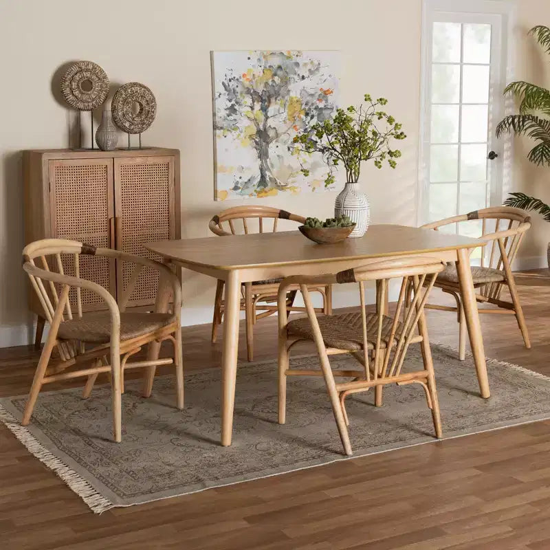 Baxton Studio Kyoto Modern Bohemian Natural Brown Finished Wood and Rattan 5-Piece Dining Set