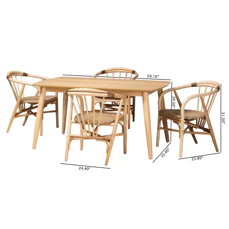 Ensemble de salle à manger 5 pièces en bois et rotin finition brun naturel Kyoto Modern Bohemian
