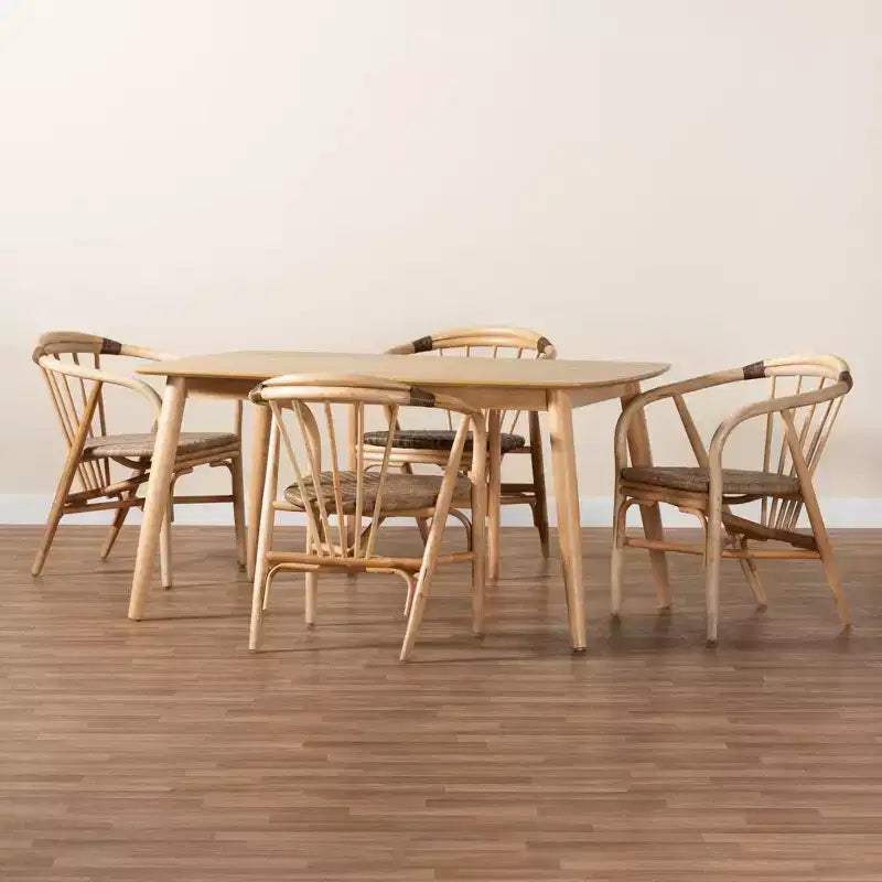 Ensemble de salle à manger 5 pièces en bois et rotin finition brun naturel Kyoto Modern Bohemian